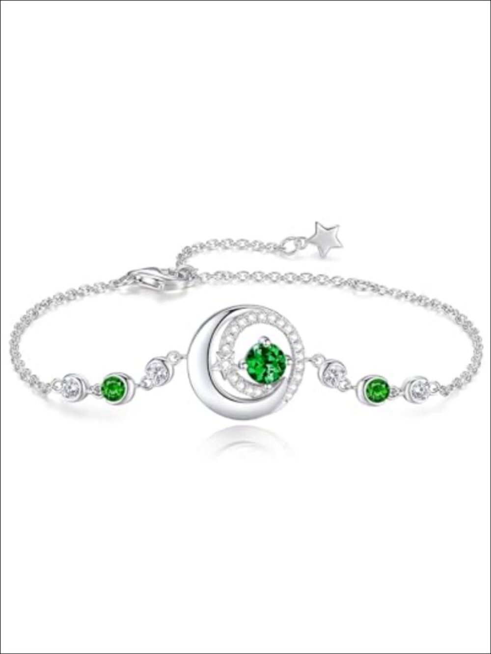 Moon and Star Birthstone Link Bracelet 925 Sterling Silver White Gold Plated